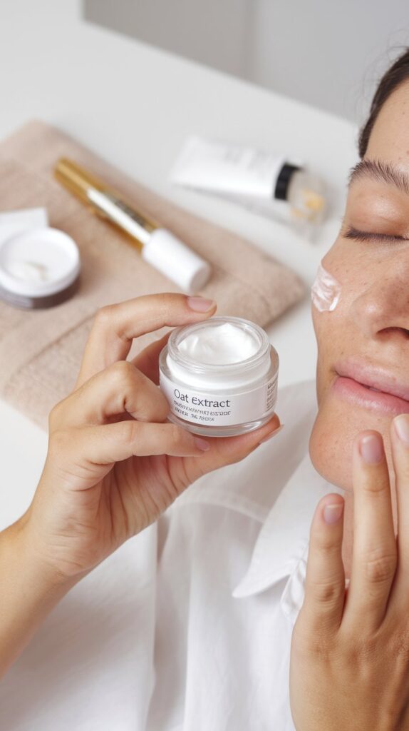Close-up of oat extract moisturizer being gently applied to cheek, dewy finish