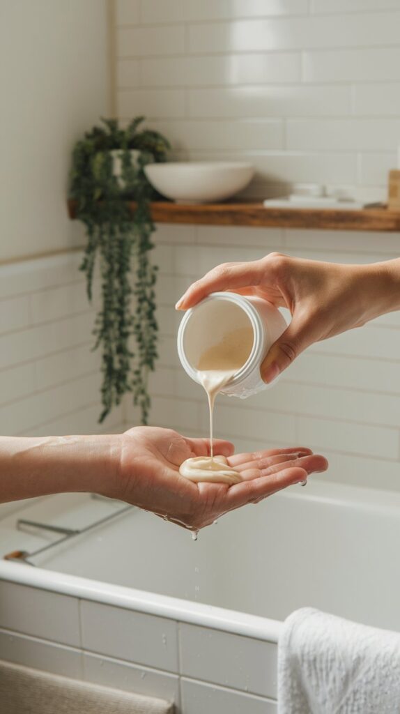 Hand pouring a creamy cleanser into palm, water droplets, serene bathroom setting