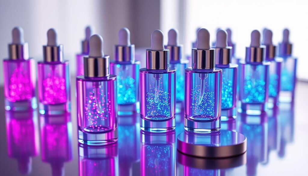 a group of bottles with blue and purple liquid
