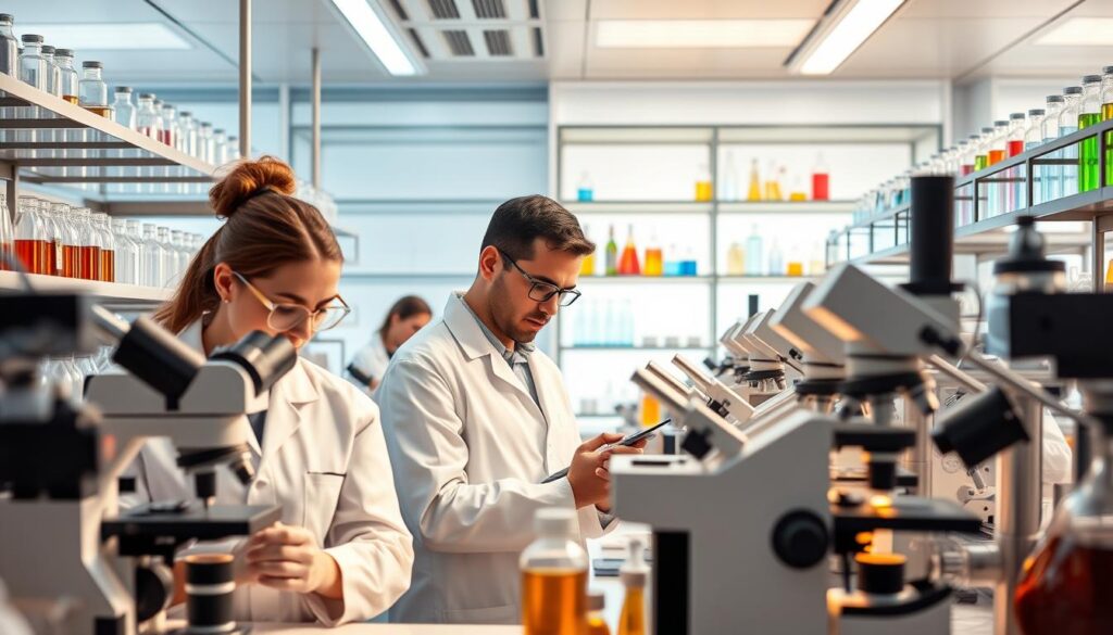 A sleek, modern laboratory interior with state-of-the-art equipment and instruments. Shelves of neatly organized scientific glassware and beakers filled with colorful liquids. In the foreground, a team of scientists